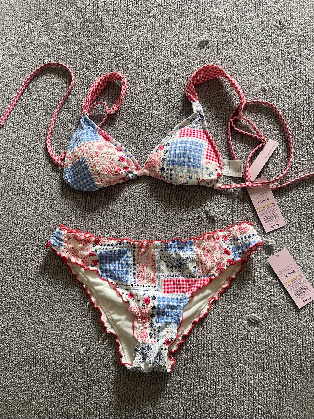 Patchwork Print Triangle Bikini Set in Red, Blue & White